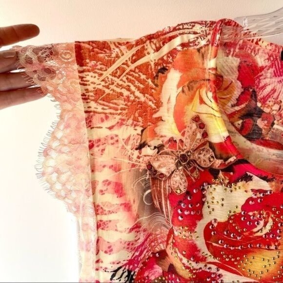 Style and Co Floral Top with Decorative Gems and Lace for Women Size PM Blouse - Picture 4 of 14